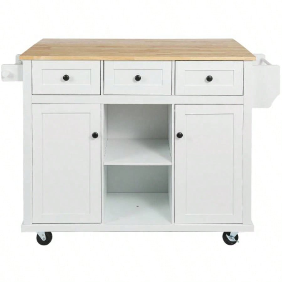 Kitchen Cart with Rubber wood Drop - Leaf Countertop, Cabinet door internal storage racks, Kitchen Island on 5 Wheels with Storage Cabinet and 3 Drawers Dinning Room, White