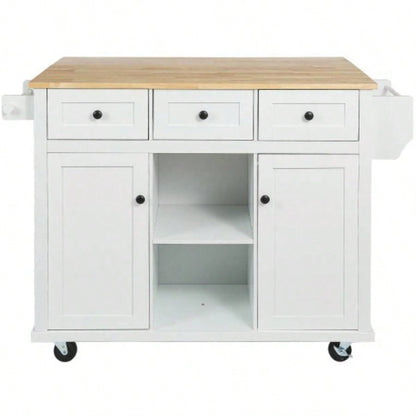 Kitchen Cart with Rubber wood Drop - Leaf Countertop, Cabinet door internal storage racks, Kitchen Island on 5 Wheels with Storage Cabinet and 3 Drawers Dinning Room, White
