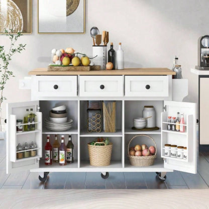 Kitchen Cart with Rubber wood Drop - Leaf Countertop, Cabinet door internal storage racks, Kitchen Island on 5 Wheels with Storage Cabinet and 3 Drawers Dinning Room, White