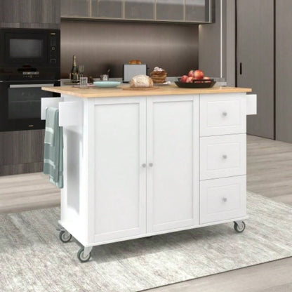 Rolling Mobile Kitchen Island with Solid Wood Top and Locking Wheels, 52. Inch Width, Storage Cabinet and Drop Leaf Breakfast Bar, Spice Rack, Towel Rack Drawer White