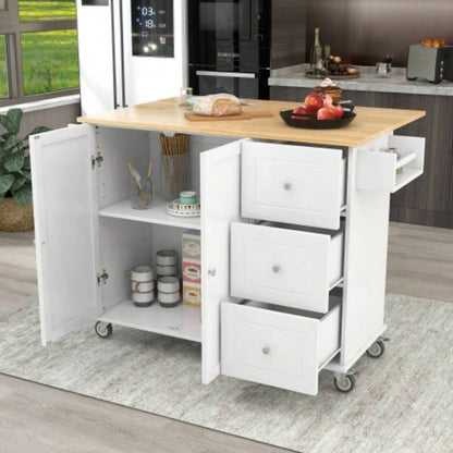 Rolling Mobile Kitchen Island with Solid Wood Top and Locking Wheels, 52. Inch Width, Storage Cabinet and Drop Leaf Breakfast Bar, Spice Rack, Towel Rack Drawer White