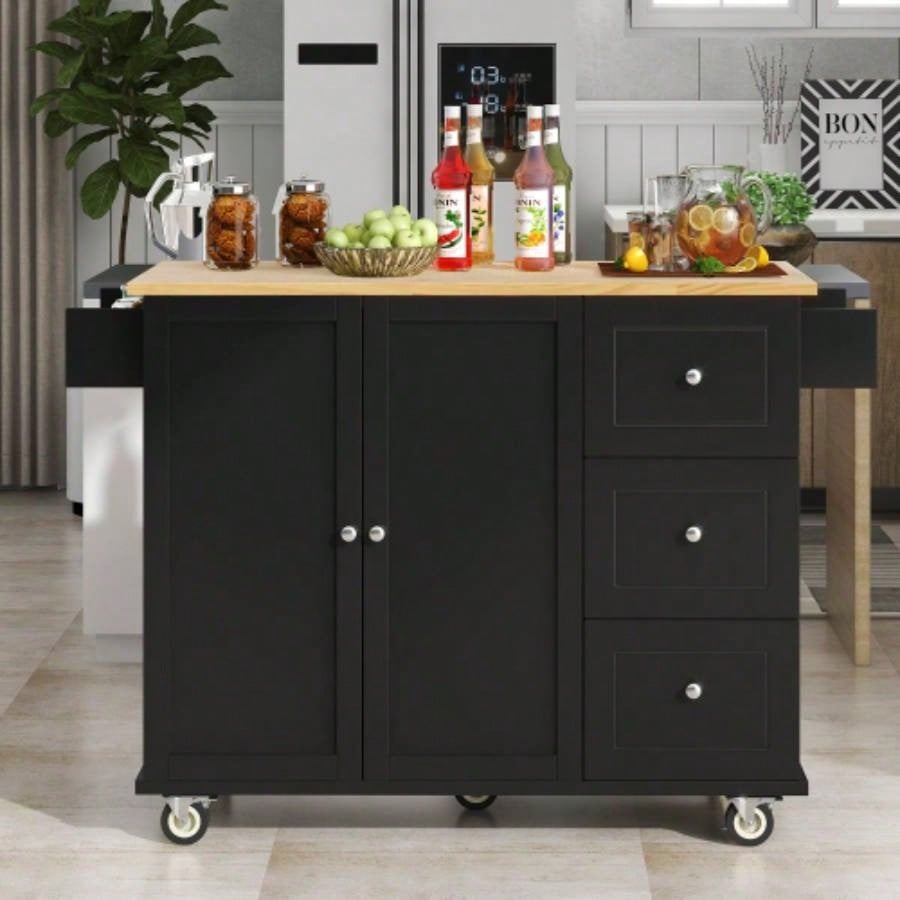 Rolling Mobile Kitchen Island with Solid Wood Top and Locking Wheels, 52. Inch Width, Storage Cabinet and Drop Leaf Breakfast Bar, Spice Rack, Towel Rack Drawer Black