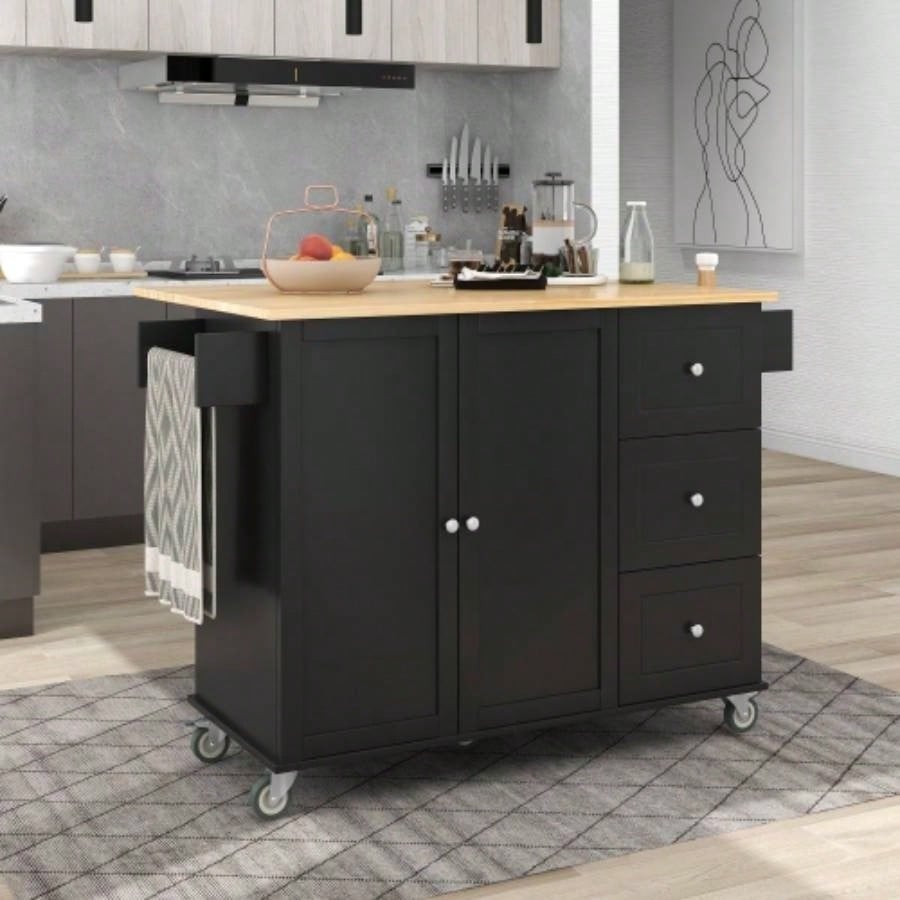 Rolling Mobile Kitchen Island with Solid Wood Top and Locking Wheels, 52. Inch Width, Storage Cabinet and Drop Leaf Breakfast Bar, Spice Rack, Towel Rack Drawer Black