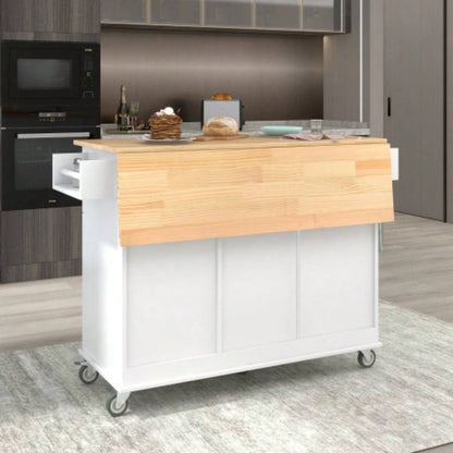 Rolling Mobile Kitchen Island with Solid Wood Top and Locking Wheels, 52. Inch Width, Storage Cabinet and Drop Leaf Breakfast Bar, Spice Rack, Towel Rack Drawer White