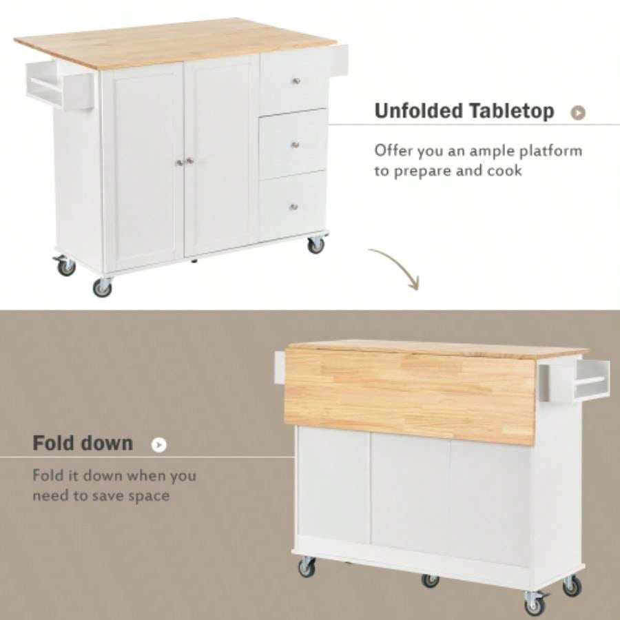 Rolling Mobile Kitchen Island with Solid Wood Top and Locking Wheels, 52. Inch Width, Storage Cabinet and Drop Leaf Breakfast Bar, Spice Rack, Towel Rack Drawer White