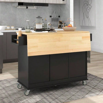 Rolling Mobile Kitchen Island with Solid Wood Top and Locking Wheels, 52. Inch Width, Storage Cabinet and Drop Leaf Breakfast Bar, Spice Rack, Towel Rack Drawer Black