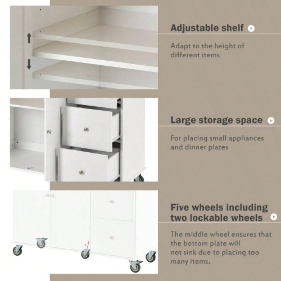 Rolling Mobile Kitchen Island with Solid Wood Top and Locking Wheels, 52. Inch Width, Storage Cabinet and Drop Leaf Breakfast Bar, Spice Rack, Towel Rack Drawer White