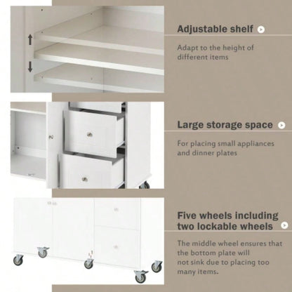 Rolling Mobile Kitchen Island with Solid Wood Top and Locking Wheels, 52. Inch Width, Storage Cabinet and Drop Leaf Breakfast Bar, Spice Rack, Towel Rack Drawer White