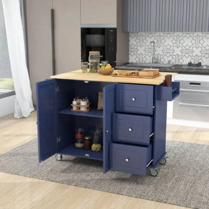 Rolling Mobile Kitchen Island with Drop Leaf - Solid Wood Top, Locking Wheels Storage Cabinet 52. Inch WidthDark blue