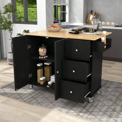 Rolling Mobile Kitchen Island with Solid Wood Top and Locking Wheels, 52. Inch Width, Storage Cabinet and Drop Leaf Breakfast Bar, Spice Rack, Towel Rack Drawer Black