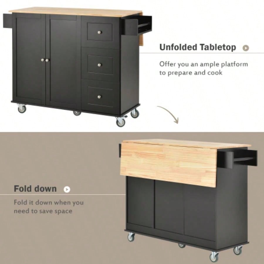 Rolling Mobile Kitchen Island with Solid Wood Top and Locking Wheels, 52. Inch Width, Storage Cabinet and Drop Leaf Breakfast Bar, Spice Rack, Towel Rack Drawer Black