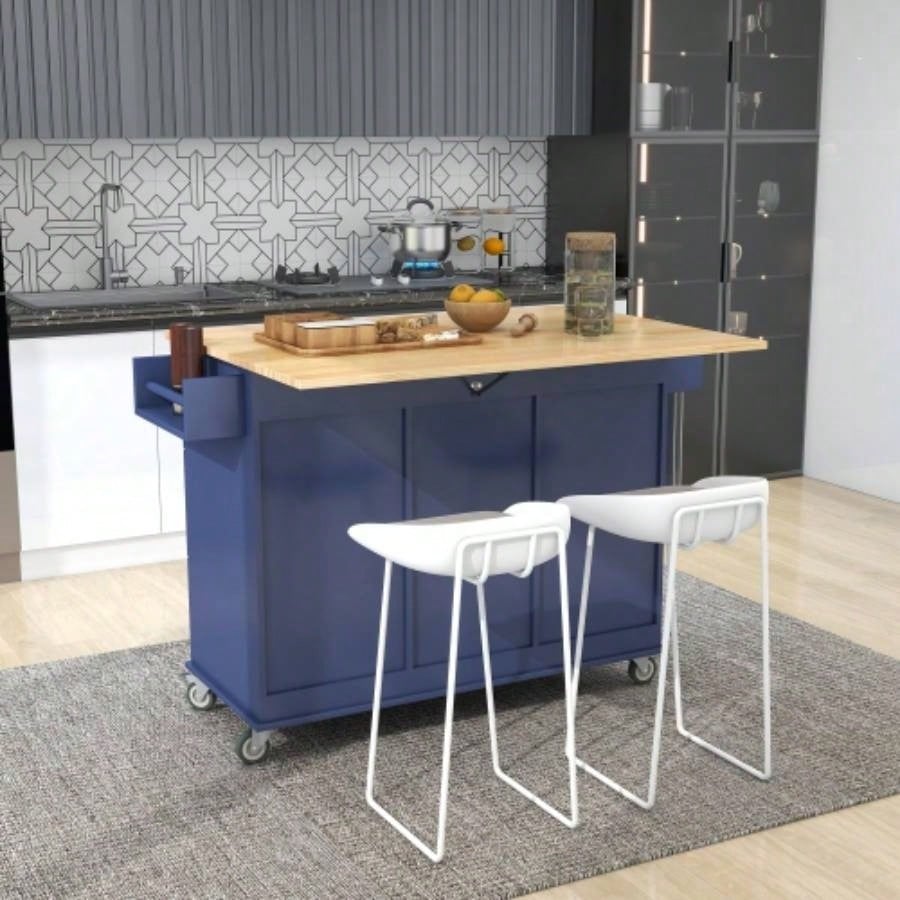 Rolling Mobile Kitchen Island with Drop Leaf - Solid Wood Top, Locking Wheels Storage Cabinet 52. Inch WidthDark blue