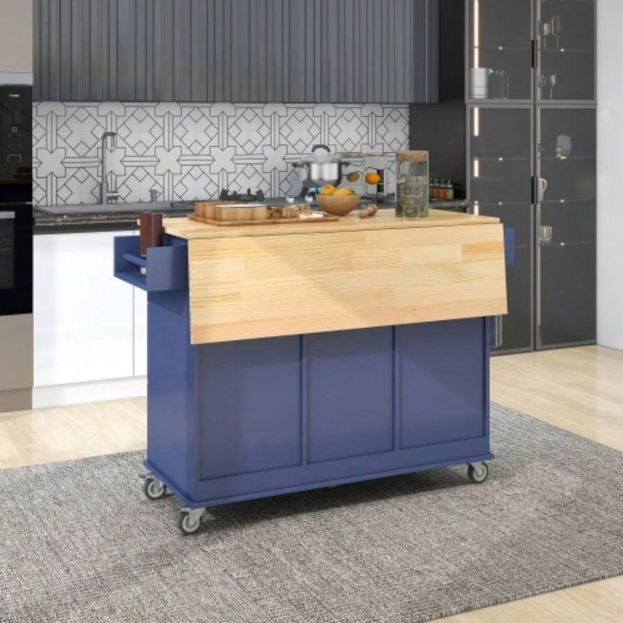 Rolling Mobile Kitchen Island with Drop Leaf - Solid Wood Top, Locking Wheels Storage Cabinet 52. Inch WidthDark blue