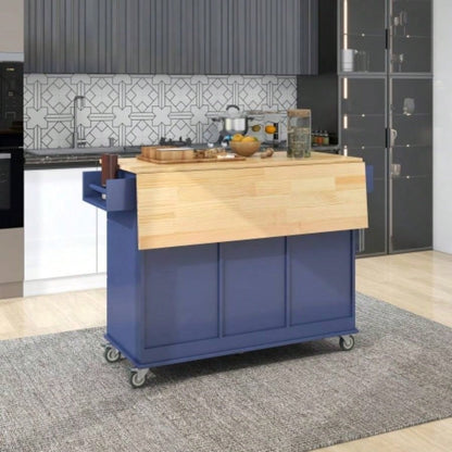 Rolling Mobile Kitchen Island with Drop Leaf - Solid Wood Top, Locking Wheels Storage Cabinet 52. Inch WidthDark blue