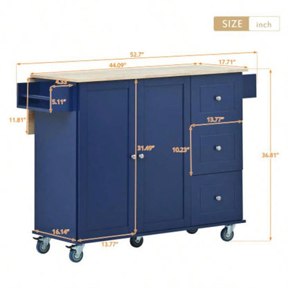Rolling Mobile Kitchen Island with Drop Leaf - Solid Wood Top, Locking Wheels Storage Cabinet 52. Inch WidthDark blue
