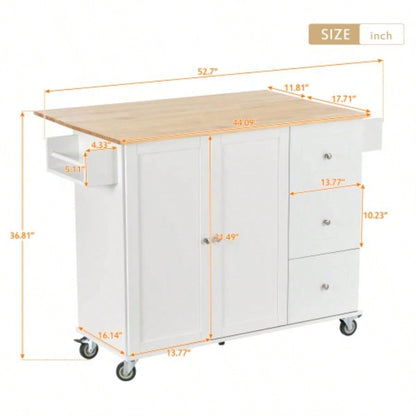 Rolling Mobile Kitchen Island with Solid Wood Top and Locking Wheels, 52. Inch Width, Storage Cabinet and Drop Leaf Breakfast Bar, Spice Rack, Towel Rack Drawer White