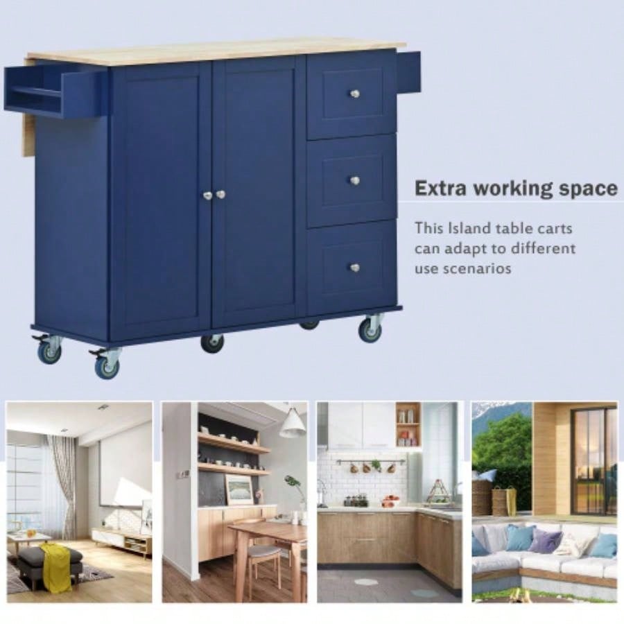 Rolling Mobile Kitchen Island with Drop Leaf - Solid Wood Top, Locking Wheels Storage Cabinet 52. Inch WidthDark blue