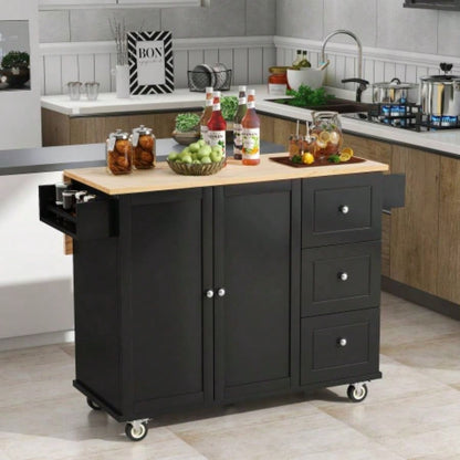 Rolling Mobile Kitchen Island with Solid Wood Top and Locking Wheels, 52. Inch Width, Storage Cabinet and Drop Leaf Breakfast Bar, Spice Rack, Towel Rack Drawer Black