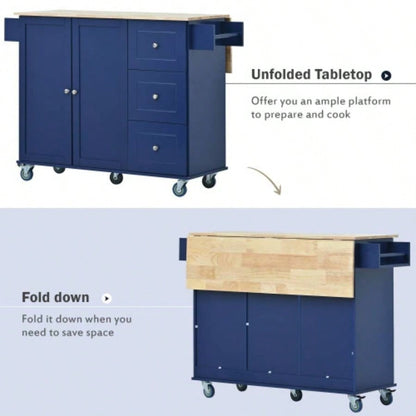 Rolling Mobile Kitchen Island with Drop Leaf - Solid Wood Top, Locking Wheels Storage Cabinet 52. Inch WidthDark blue