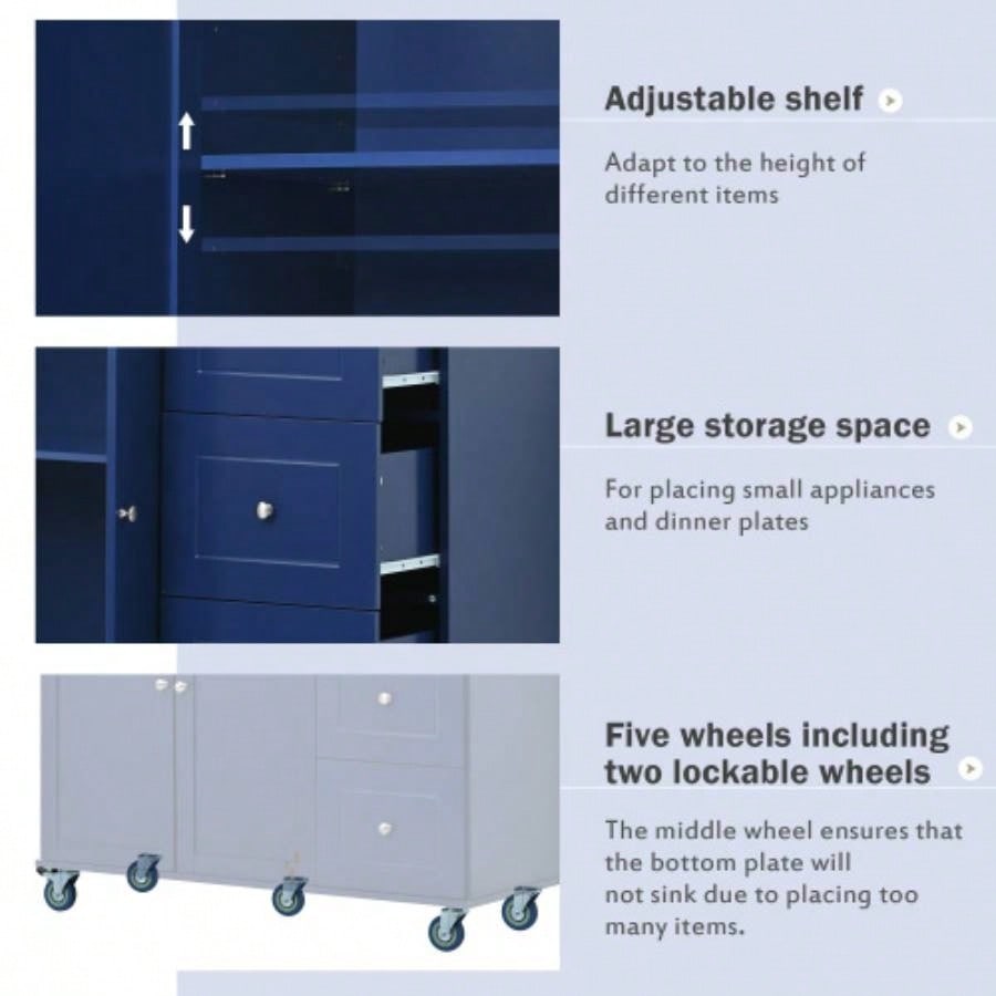 Rolling Mobile Kitchen Island with Drop Leaf - Solid Wood Top, Locking Wheels Storage Cabinet 52. Inch WidthDark blue