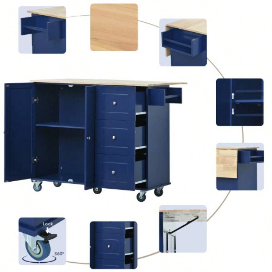 Rolling Mobile Kitchen Island with Drop Leaf - Solid Wood Top, Locking Wheels Storage Cabinet 52. Inch WidthDark blue