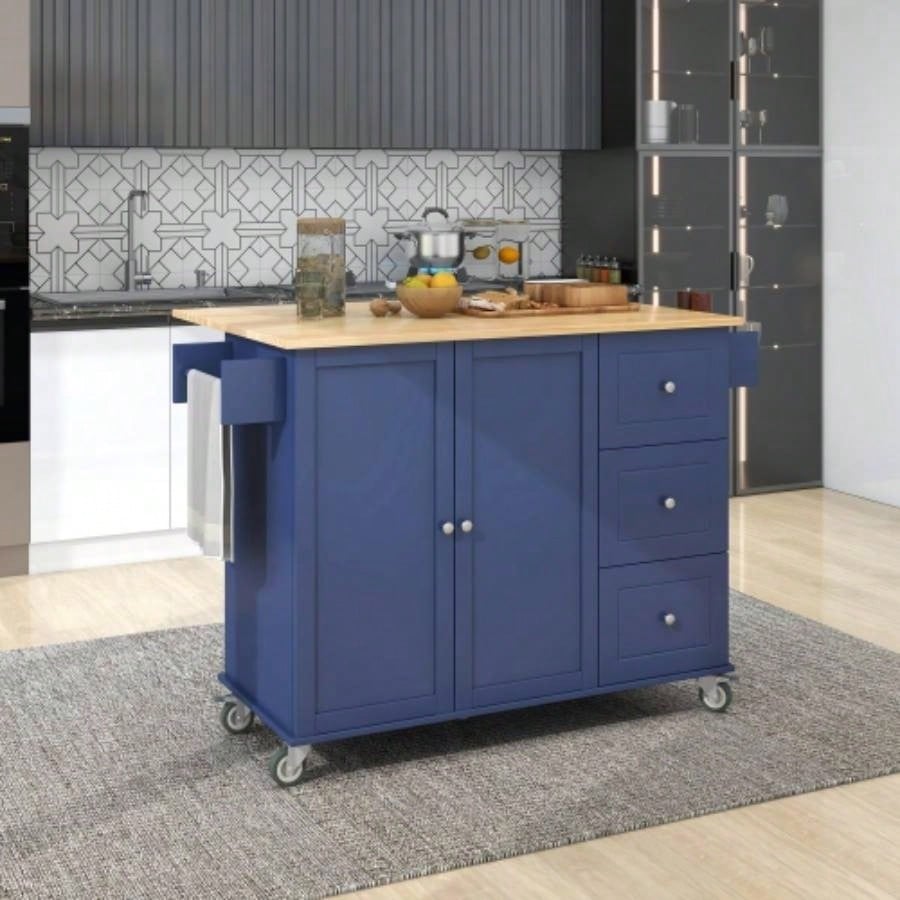 Rolling Mobile Kitchen Island with Drop Leaf - Solid Wood Top, Locking Wheels Storage Cabinet 52. Inch WidthDark blue