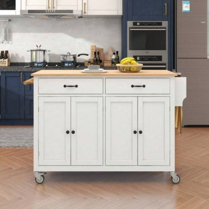 Kitchen Island Cart with Solid Wood Top and Locking Wheels, 54.3 Inch Width, 4 Door Cabinet and Two Drawers, Spice Rack, Towel Rack White
