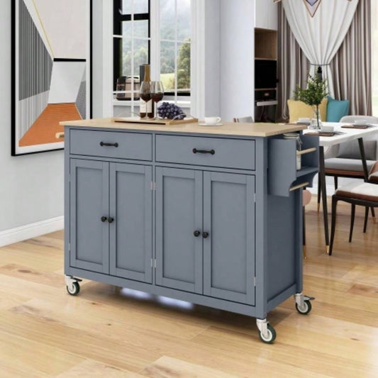 Kitchen Island Cart with Solid Wood Top and Locking Wheels, 54.3 Inch Width, 4 Door Cabinet and Two Drawers, Spice Rack, Towel Rack Blue