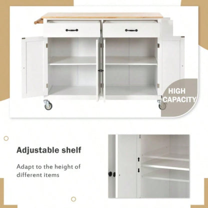 Kitchen Island Cart with Solid Wood Top and Locking Wheels, 54.3 Inch Width, 4 Door Cabinet and Two Drawers, Spice Rack, Towel Rack White