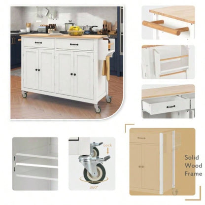 Kitchen Island Cart with Solid Wood Top and Locking Wheels, 54.3 Inch Width, 4 Door Cabinet and Two Drawers, Spice Rack, Towel Rack White
