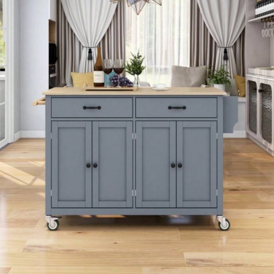 Kitchen Island Cart with Solid Wood Top and Locking Wheels, 54.3 Inch Width, 4 Door Cabinet and Two Drawers, Spice Rack, Towel Rack Blue