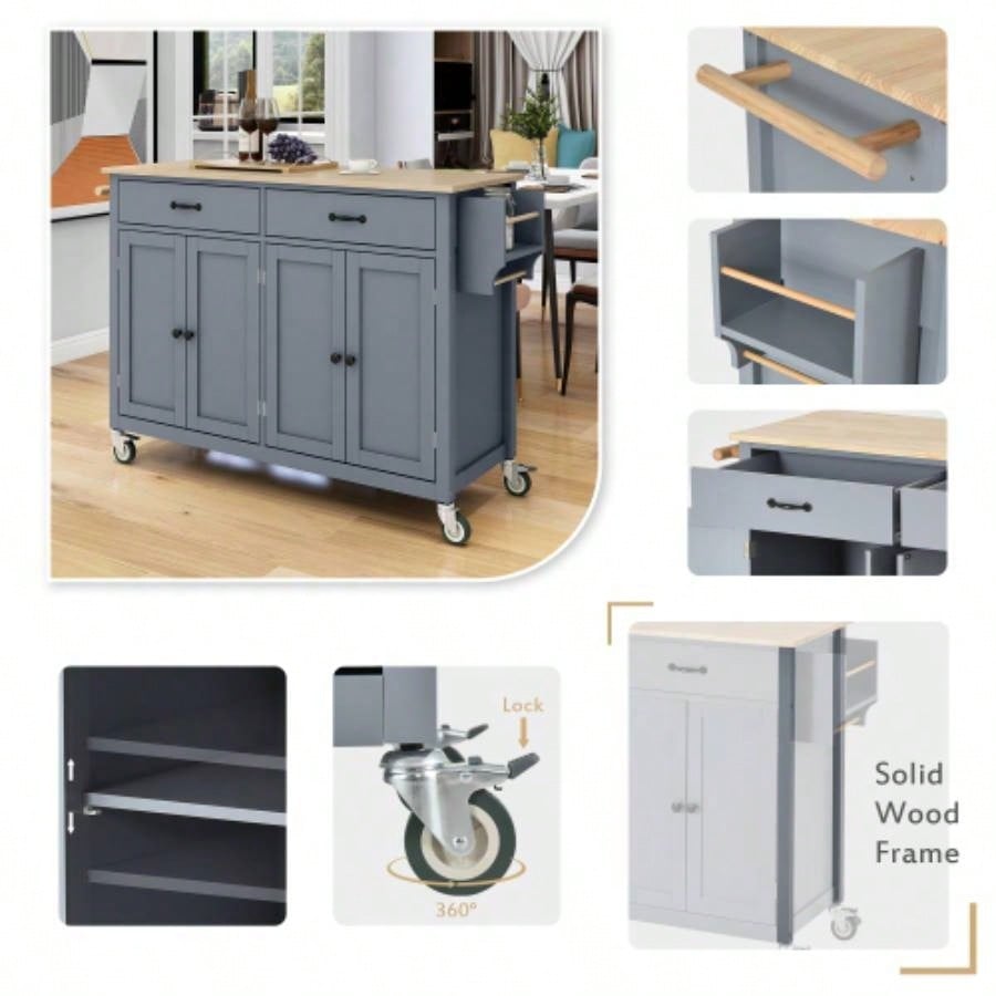 Kitchen Island Cart with Solid Wood Top and Locking Wheels, 54.3 Inch Width, 4 Door Cabinet and Two Drawers, Spice Rack, Towel Rack Blue