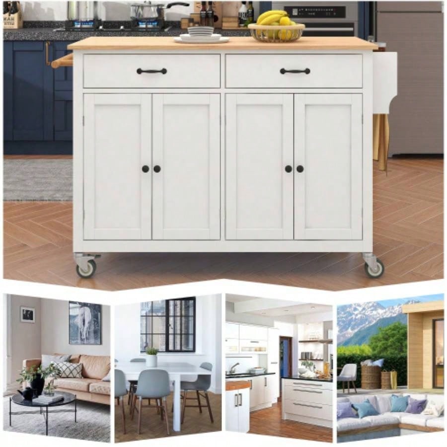 Kitchen Island Cart with Solid Wood Top and Locking Wheels, 54.3 Inch Width, 4 Door Cabinet and Two Drawers, Spice Rack, Towel Rack White