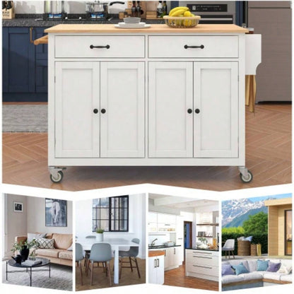 Kitchen Island Cart with Solid Wood Top and Locking Wheels, 54.3 Inch Width, 4 Door Cabinet and Two Drawers, Spice Rack, Towel Rack White