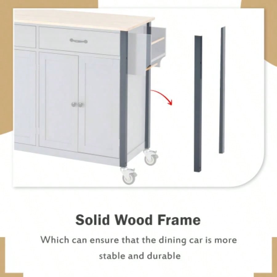 Kitchen Island Cart with Solid Wood Top and Locking Wheels, 54.3 Inch Width, 4 Door Cabinet and Two Drawers, Spice Rack, Towel Rack Blue