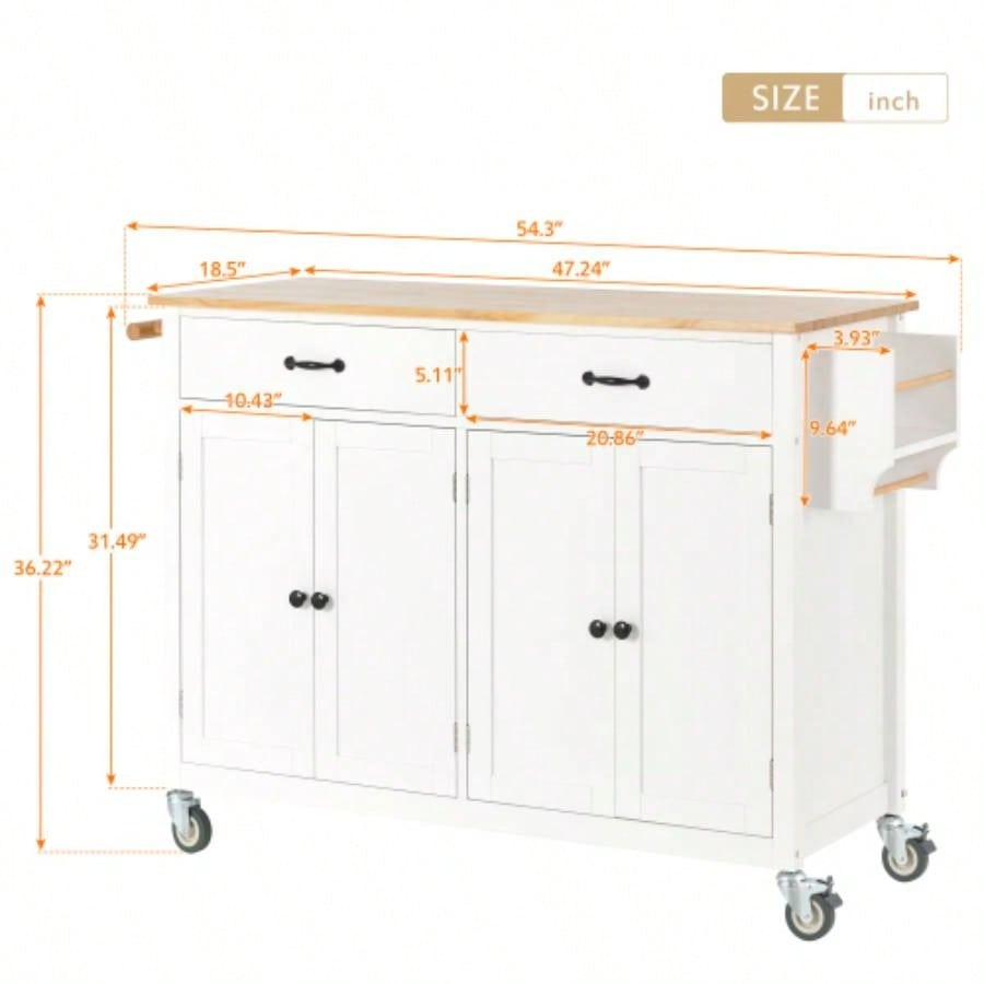 Kitchen Island Cart with Solid Wood Top and Locking Wheels, 54.3 Inch Width, 4 Door Cabinet and Two Drawers, Spice Rack, Towel Rack White