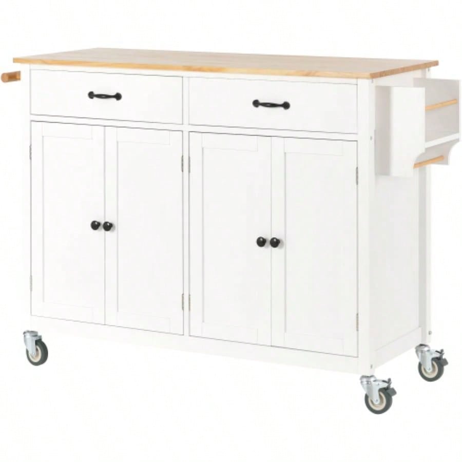 Kitchen Island Cart with Solid Wood Top and Locking Wheels, 54.3 Inch Width, 4 Door Cabinet and Two Drawers, Spice Rack, Towel Rack White