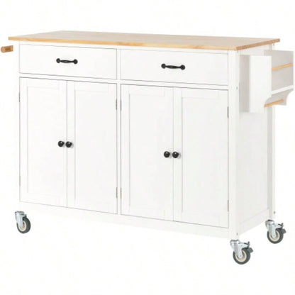 Kitchen Island Cart with Solid Wood Top and Locking Wheels, 54.3 Inch Width, 4 Door Cabinet and Two Drawers, Spice Rack, Towel Rack White