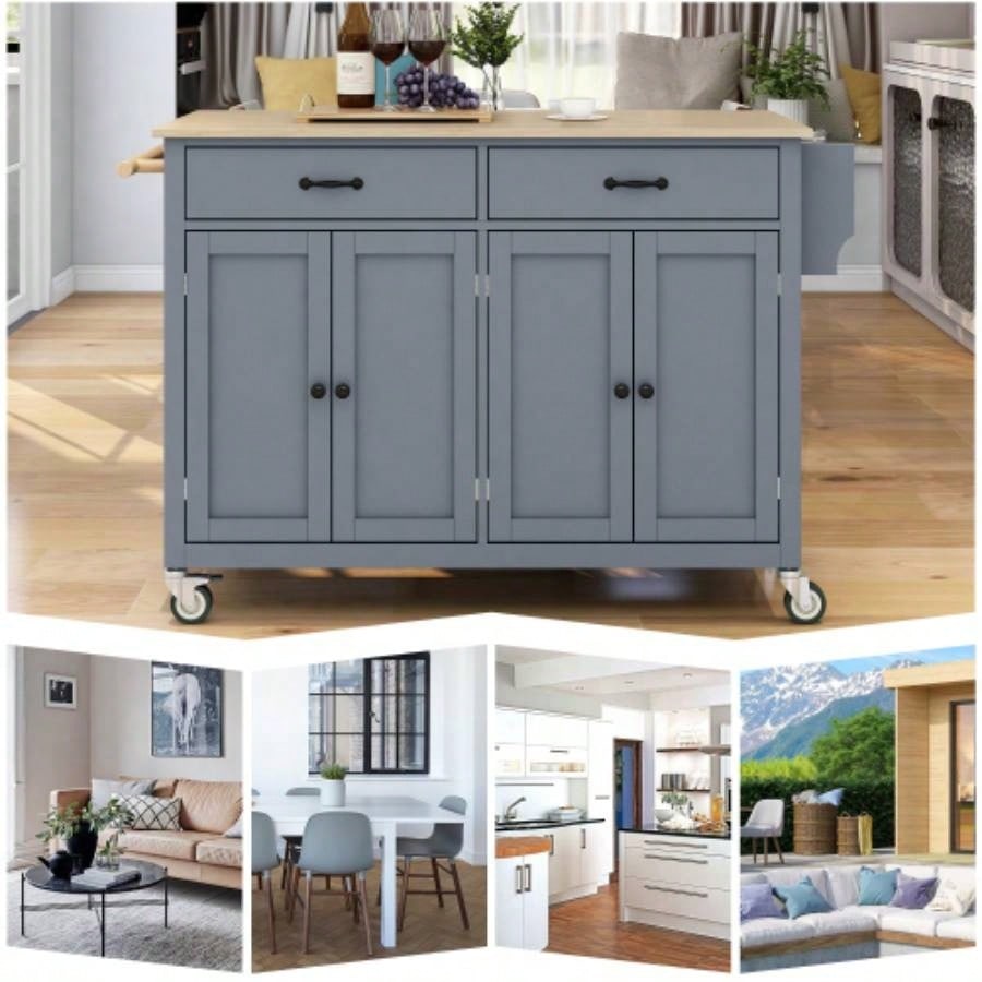 Kitchen Island Cart with Solid Wood Top and Locking Wheels, 54.3 Inch Width, 4 Door Cabinet and Two Drawers, Spice Rack, Towel Rack Blue