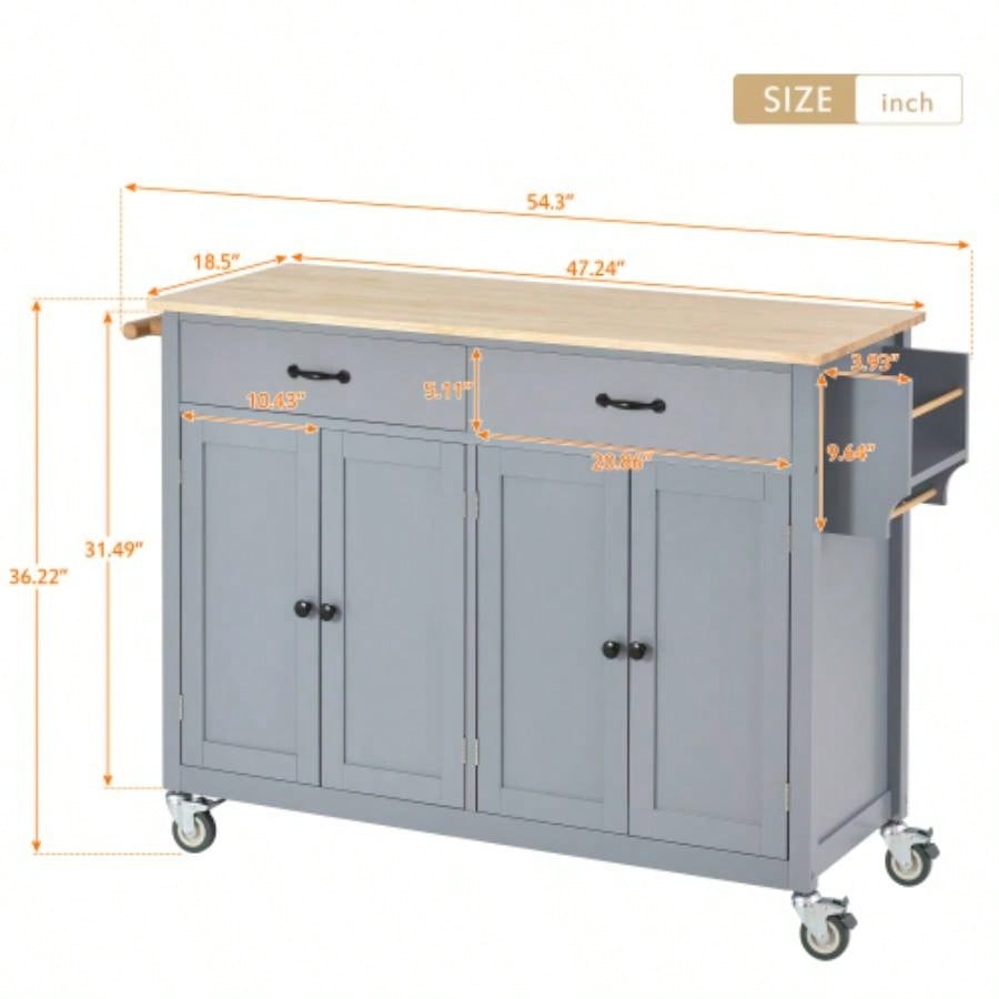Kitchen Island Cart with Solid Wood Top and Locking Wheels, 54.3 Inch Width, 4 Door Cabinet and Two Drawers, Spice Rack, Towel Rack Blue