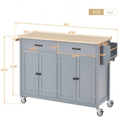 Kitchen Island Cart with Solid Wood Top and Locking Wheels, 54.3 Inch Width, 4 Door Cabinet and Two Drawers, Spice Rack, Towel Rack Blue