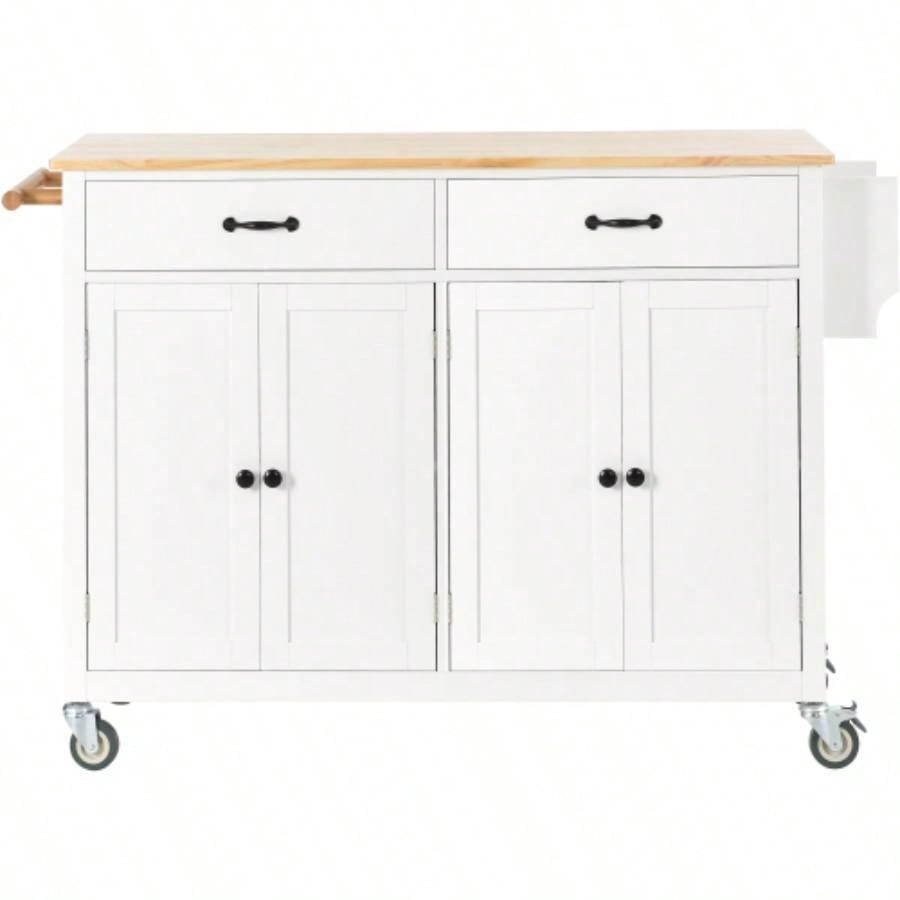 Kitchen Island Cart with Solid Wood Top and Locking Wheels, 54.3 Inch Width, 4 Door Cabinet and Two Drawers, Spice Rack, Towel Rack White