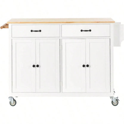 Kitchen Island Cart with Solid Wood Top and Locking Wheels, 54.3 Inch Width, 4 Door Cabinet and Two Drawers, Spice Rack, Towel Rack White