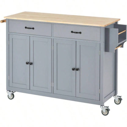 Kitchen Island Cart with Solid Wood Top and Locking Wheels, 54.3 Inch Width, 4 Door Cabinet and Two Drawers, Spice Rack, Towel Rack Blue