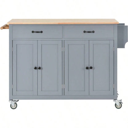 Kitchen Island Cart with Solid Wood Top and Locking Wheels, 54.3 Inch Width, 4 Door Cabinet and Two Drawers, Spice Rack, Towel Rack Blue