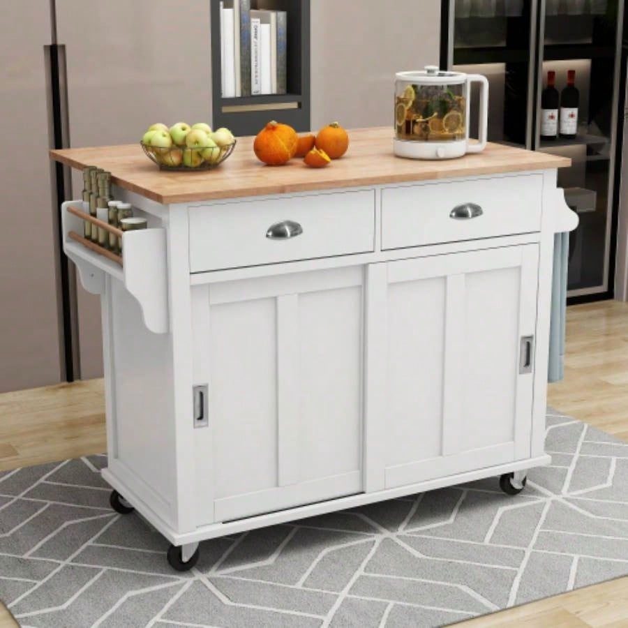 Kitchen Cart with Rubber wood Drop - Leaf Countertop, Concealed sliding barn door adjustable height, Kitchen Island on 4 Wheels with Storage Cabinet and 2 Drawers, L52.2xW30.5xH36.6 inch, White
