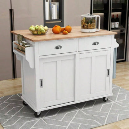 Kitchen Cart with Rubber wood Drop - Leaf Countertop, Concealed sliding barn door adjustable height, Kitchen Island on 4 Wheels with Storage Cabinet and 2 Drawers, L52.2xW30.5xH36.6 inch, White