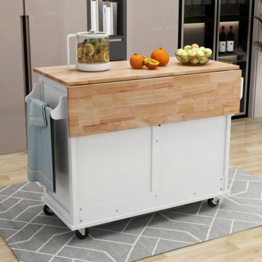 Kitchen Cart with Rubber wood Drop - Leaf Countertop, Concealed sliding barn door adjustable height, Kitchen Island on 4 Wheels with Storage Cabinet and 2 Drawers, L52.2xW30.5xH36.6 inch, White
