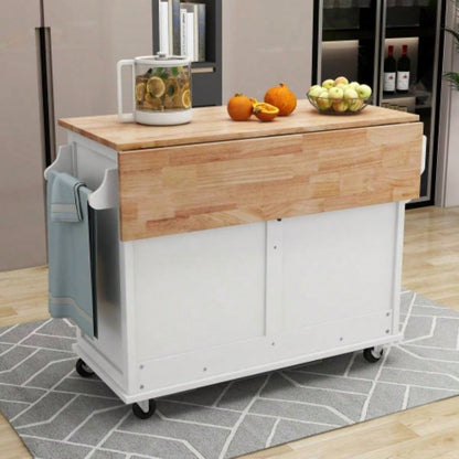 Kitchen Cart with Rubber wood Drop - Leaf Countertop, Concealed sliding barn door adjustable height, Kitchen Island on 4 Wheels with Storage Cabinet and 2 Drawers, L52.2xW30.5xH36.6 inch, White