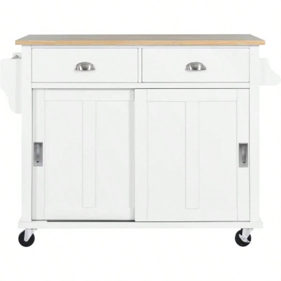 Kitchen Cart with Rubber wood Drop - Leaf Countertop, Concealed sliding barn door adjustable height, Kitchen Island on 4 Wheels with Storage Cabinet and 2 Drawers, L52.2xW30.5xH36.6 inch, White